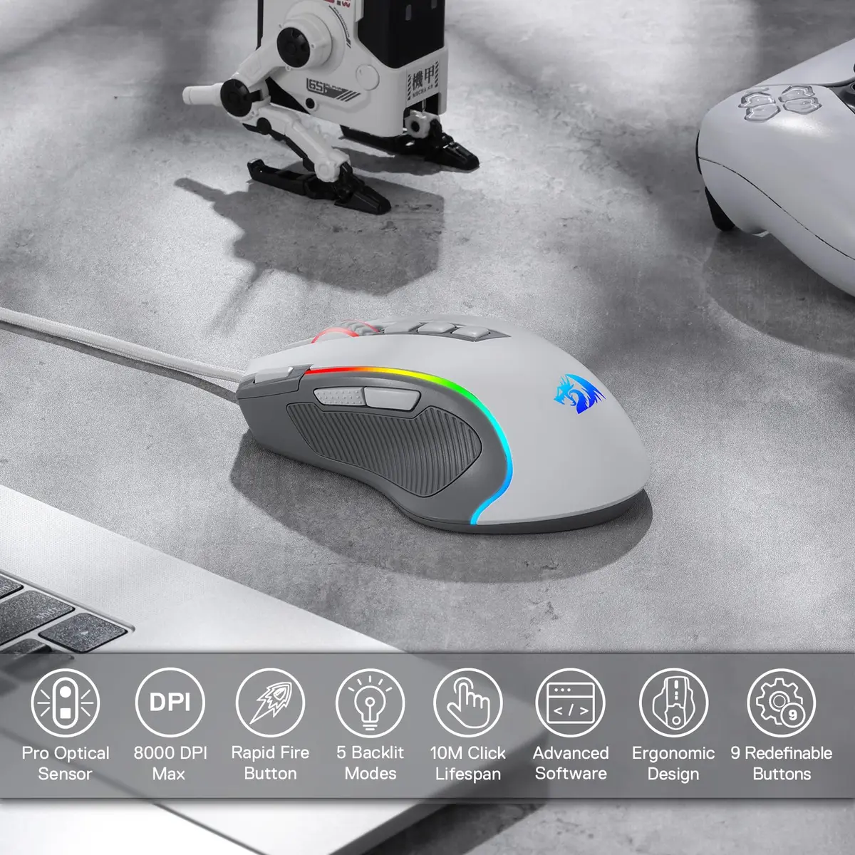 Redragon M612 Wired RGB Optical Gaming Mouse 8000 DPI, 170g (6oz) | 9 Programmable Buttons, 5 DPI Levels - view 2