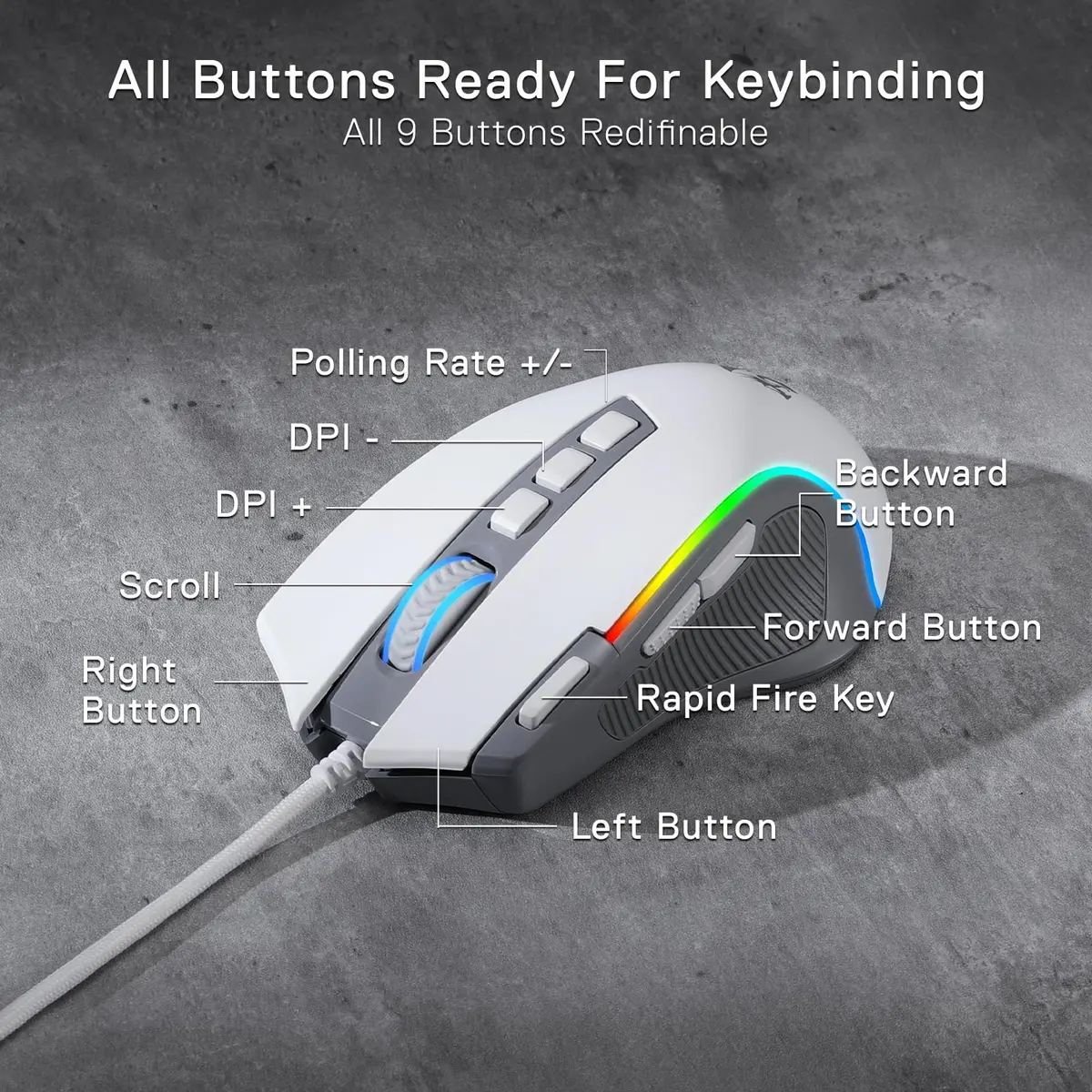 Redragon M612 Wired RGB Optical Gaming Mouse 8000 DPI, 170g (6oz) | 9 Programmable Buttons, 5 DPI Levels - view 5