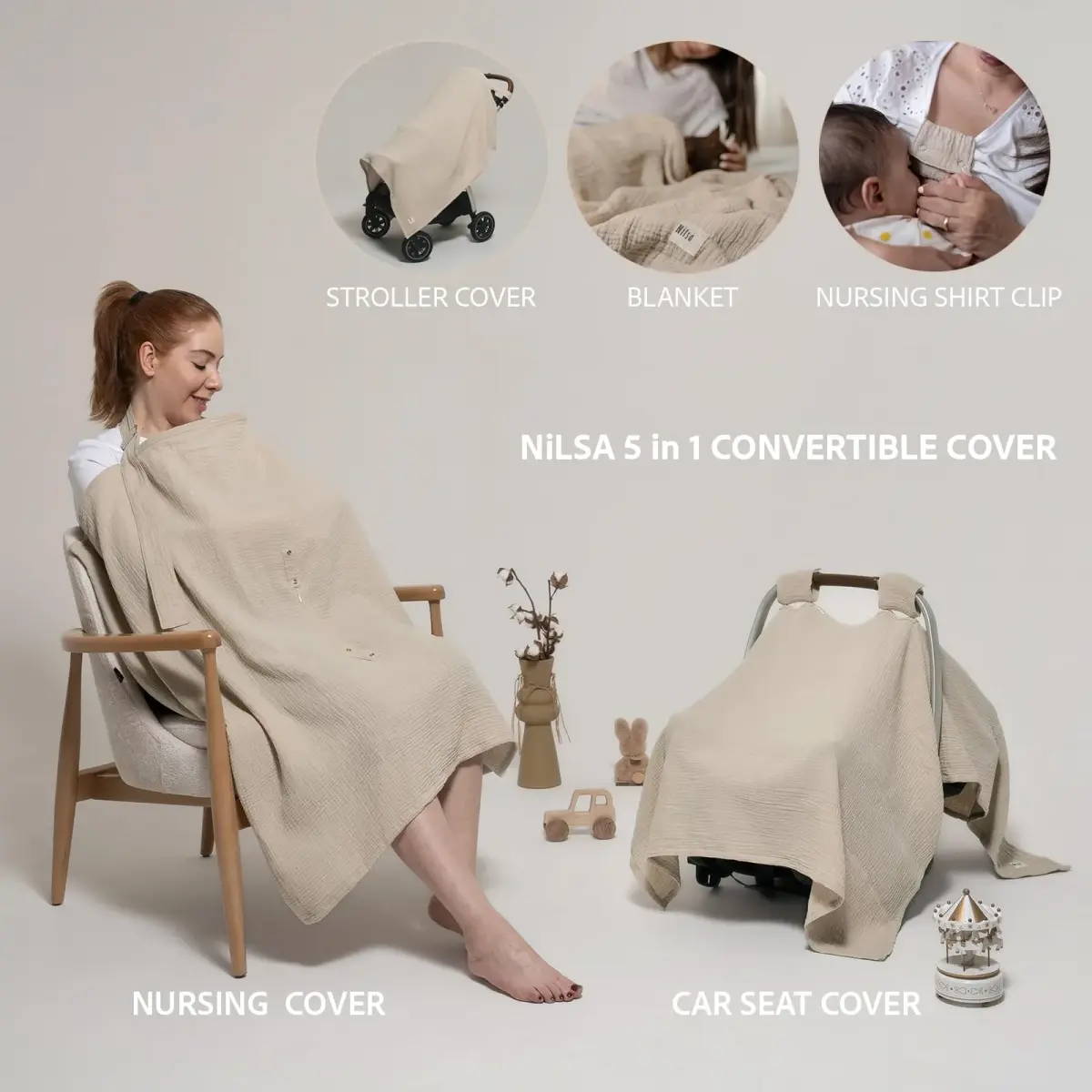 Nilsa 5-in-1 Muslin Nursing Cover 117cm x 91cm | Breathable Cotton Privacy Apron for Breastfeeding & Car Seat - view 2