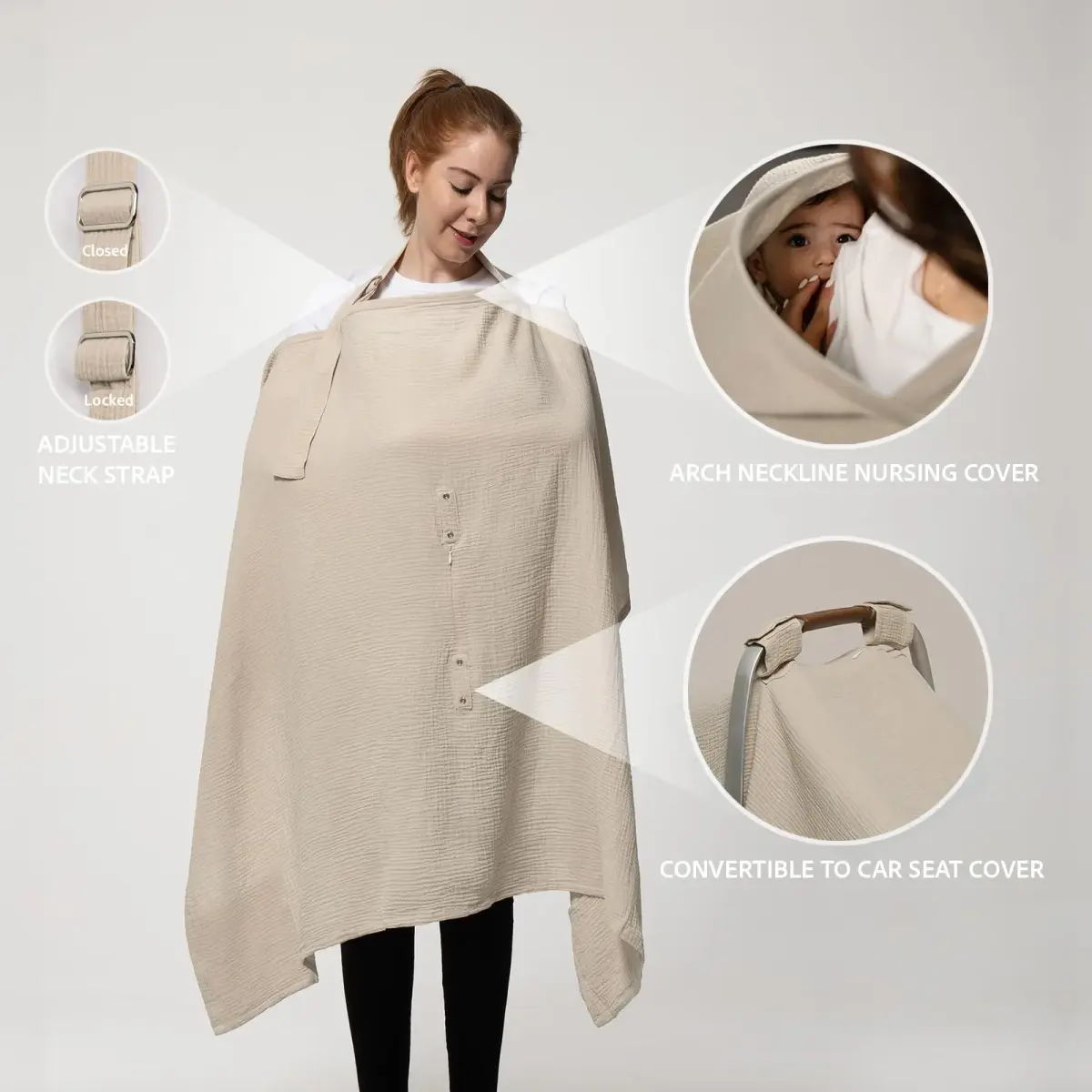 Nilsa 5-in-1 Muslin Nursing Cover 117cm x 91cm | Breathable Cotton Privacy Apron for Breastfeeding & Car Seat - view 3