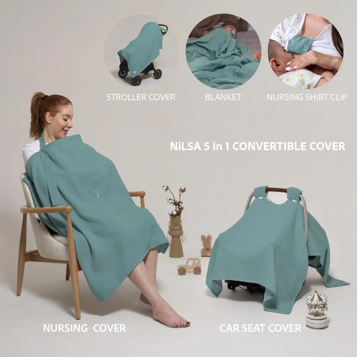 Nilsa 5-in-1 Muslin Nursing Cover 156g (5.5oz) | Breathable Cotton Apron for Breastfeeding & Car Seat Use - view 2