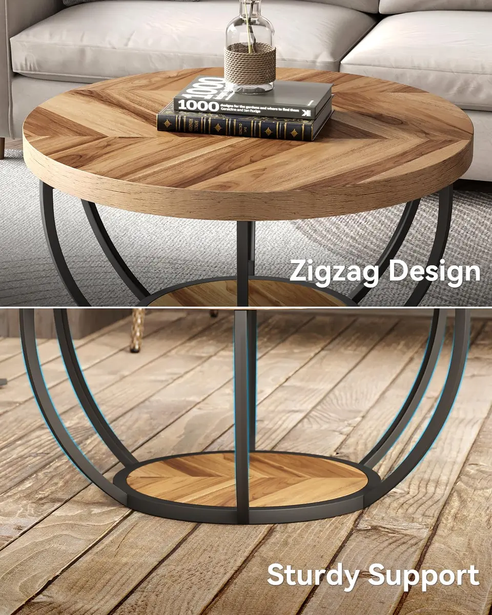 LITTLE TREE Round Coffee Table 32" Diameter | Classic Farmhouse Style with Solid Wood & Metal Support - view 6