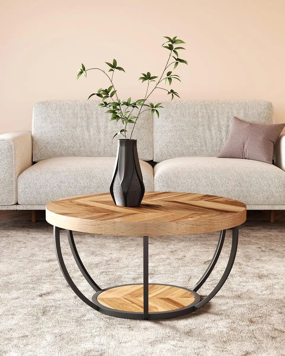 LITTLE TREE Round Coffee Table 32" Diameter | Classic Farmhouse Style with Solid Wood & Metal Support - view 8