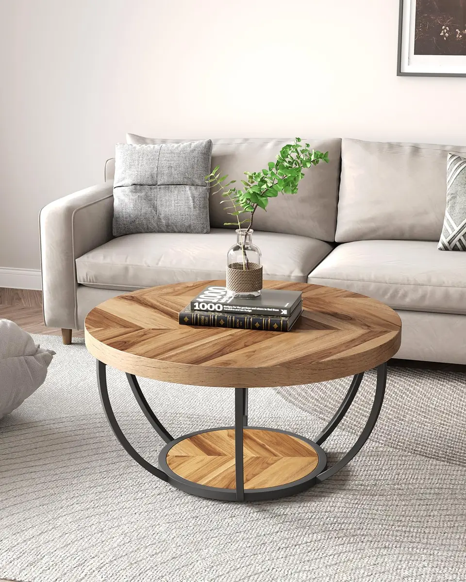 LITTLE TREE Round Coffee Table 32" Diameter | Classic Farmhouse Style with Solid Wood & Metal Support - view 2
