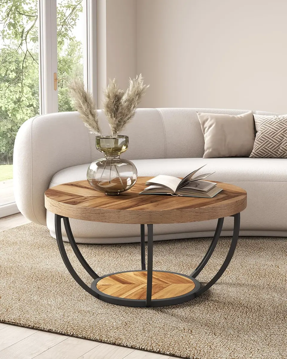 LITTLE TREE Round Coffee Table 32" Diameter | Classic Farmhouse Style with Solid Wood & Metal Support - view 3