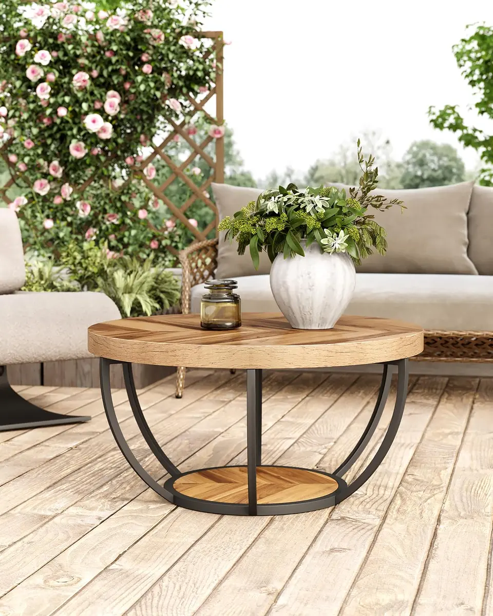 LITTLE TREE Round Coffee Table 32" Diameter | Classic Farmhouse Style with Solid Wood & Metal Support - view 4