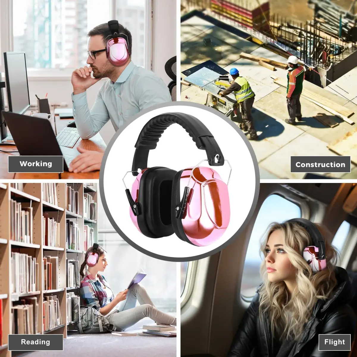 ProCase NRR 28dB Passive Noise Reduction Earmuffs | Adjustable Metal Frame, Foldable Design, Pink - view 7