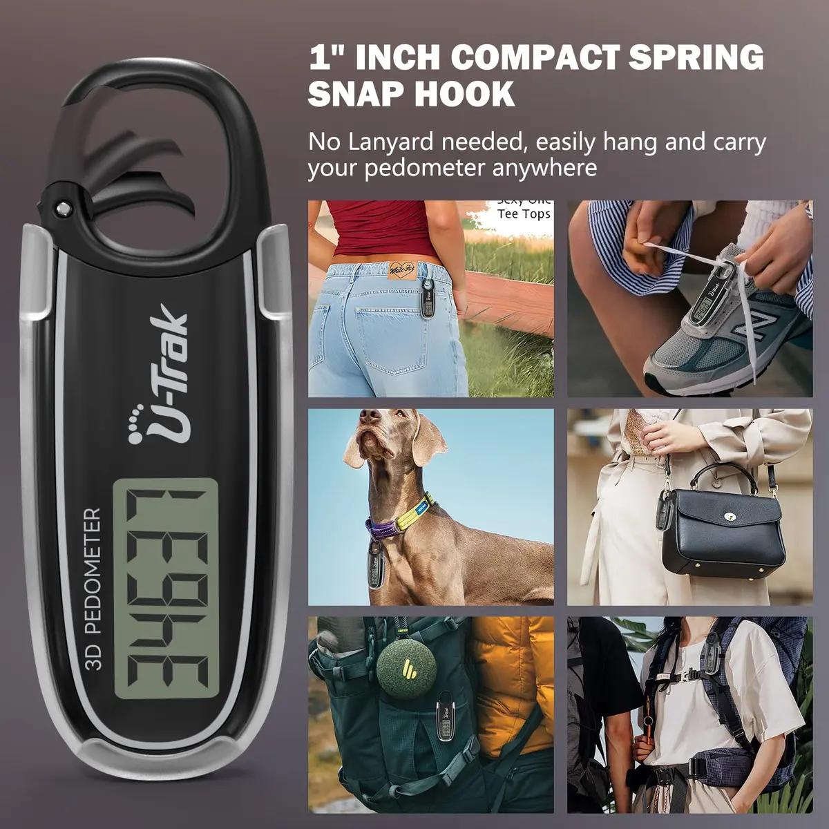 U-Trak 3D Pedometer for Walking with Clip & Carabiner, Simple Step Counter 2.54 cm (1 inch) | Accurate Step Tracker for Men Women Kids - view 5