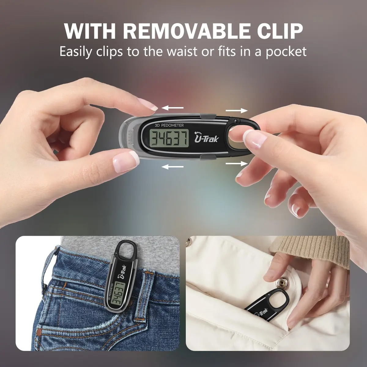 U-Trak 3D Pedometer for Walking with Clip & Carabiner, Simple Step Counter 2.54 cm (1 inch) | Accurate Step Tracker for Men Women Kids - view 6