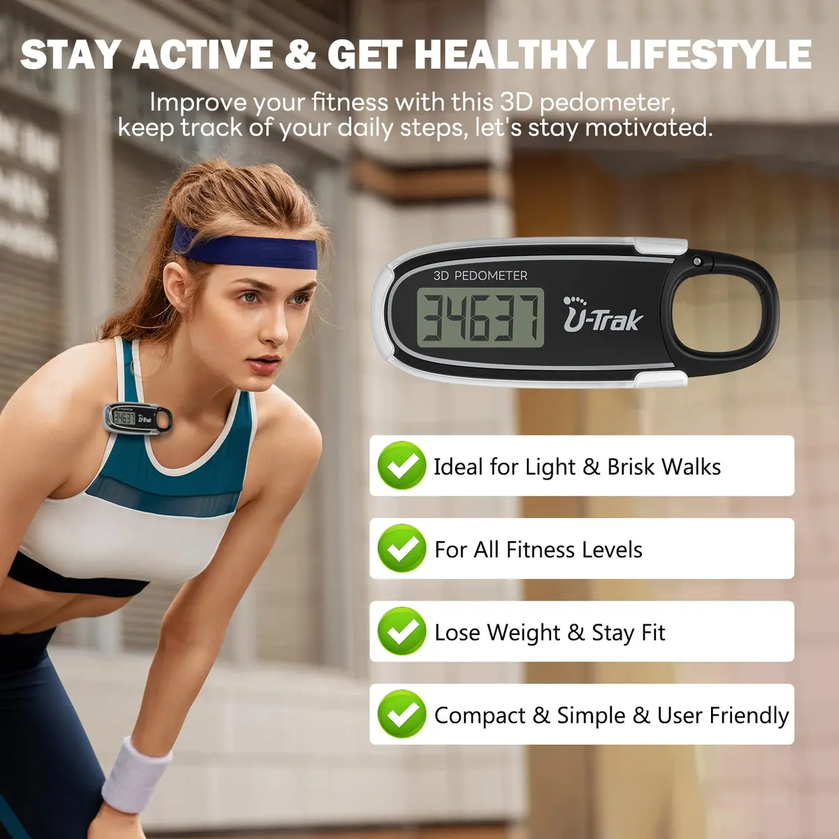 U-Trak 3D Pedometer for Walking with Clip & Carabiner, Simple Step Counter 2.54 cm (1 inch) | Accurate Step Tracker for Men Women Kids - view 7