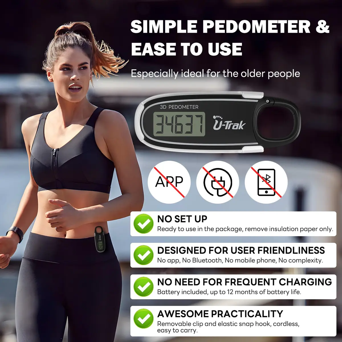U-Trak 3D Pedometer for Walking with Clip & Carabiner, Simple Step Counter 2.54 cm (1 inch) | Accurate Step Tracker for Men Women Kids - view 2