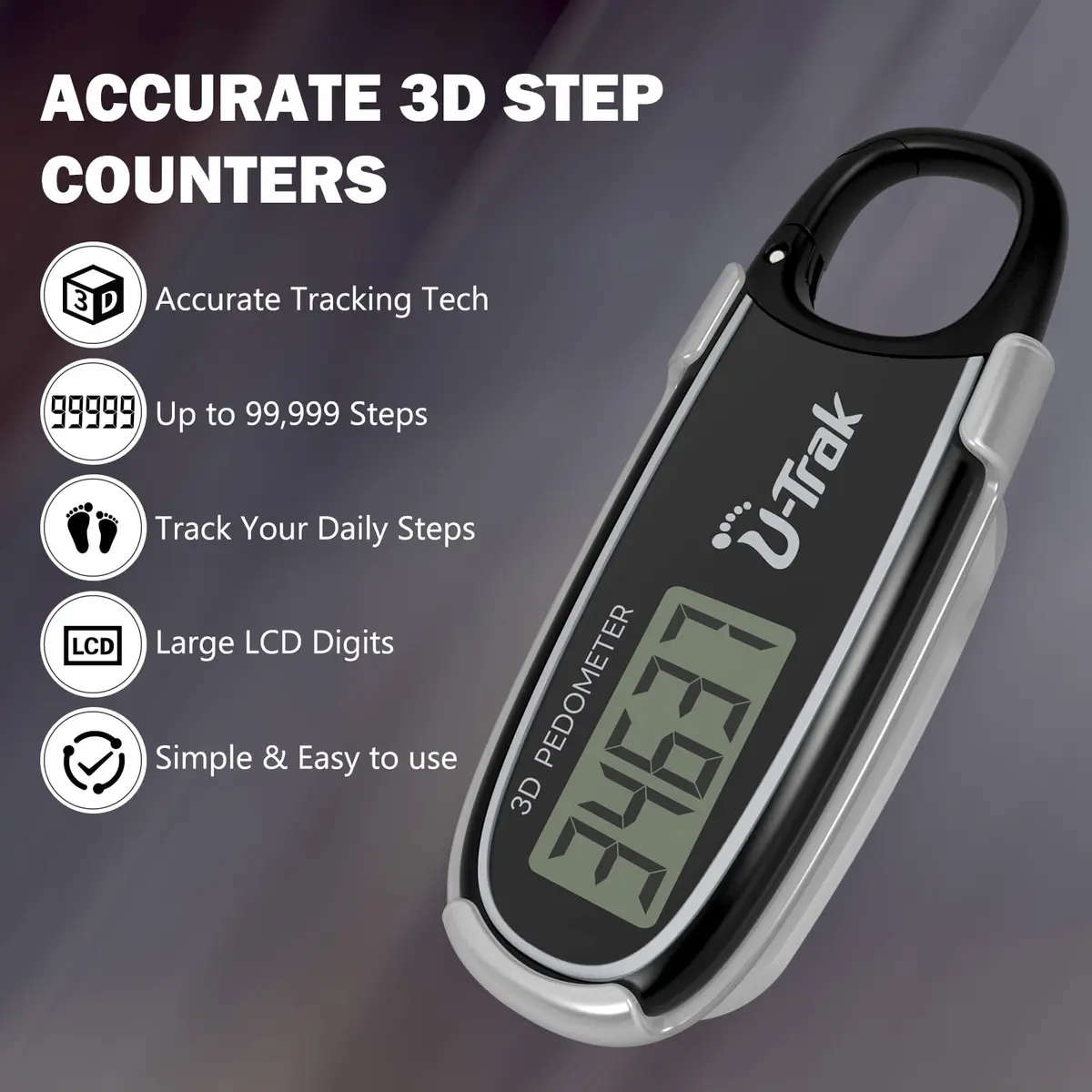 U-Trak 3D Pedometer for Walking with Clip & Carabiner, Simple Step Counter 2.54 cm (1 inch) | Accurate Step Tracker for Men Women Kids - view 3