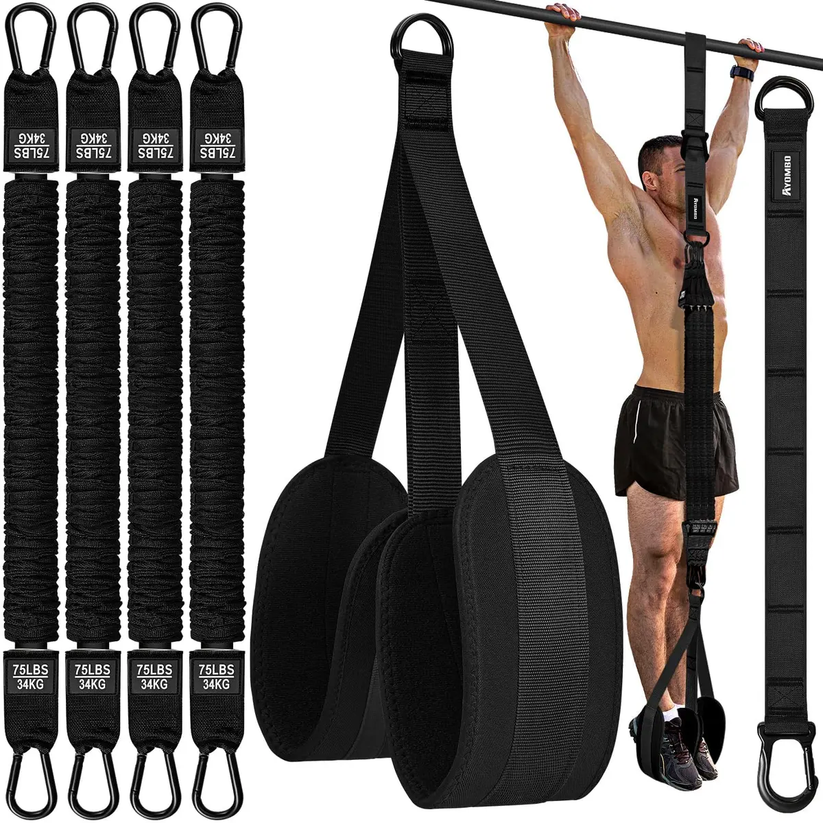Ayombo Adjustable Pull Up Assistance Bands Set | 75lb-300lb Resistance, Natural Rubber Latex Tubes, 1.36kg (3lb) - main product image