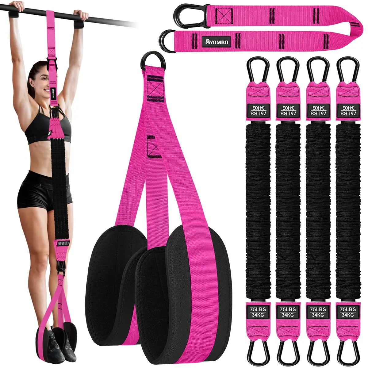 Ayombo Heavy Duty Pull Up Assistance Bands with Foot Strap, 75lb-300lb Resistance | 4-Pack Natural Rubber Latex Tubes - main product image