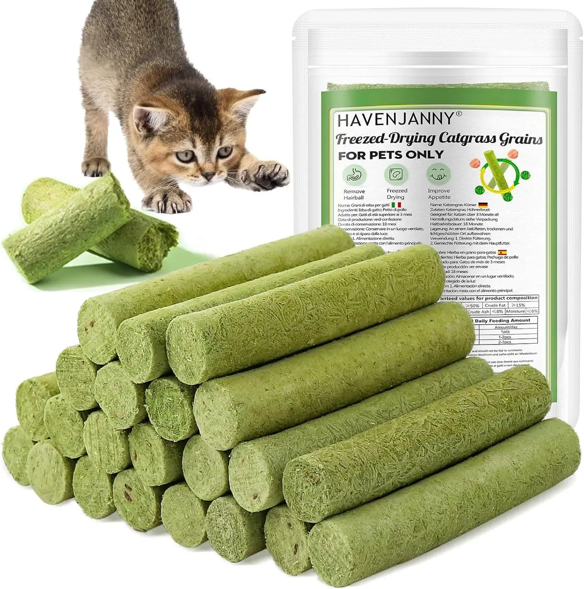 HavenJanny Cat Grass Teething Stick 100g (3.52 oz) | Chicken Flavor for Dental Health & Hairball Control - main product image