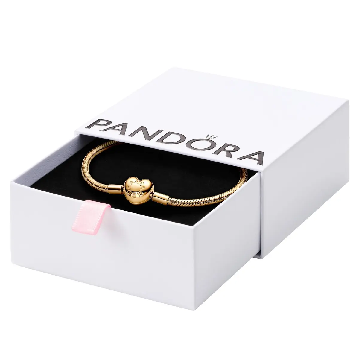 PANDORA Moments Engravable Heart Clasp Snake Chain Bracelet, 6.7" | Heart-shaped Clasp & 14k Gold Plated - main product image
