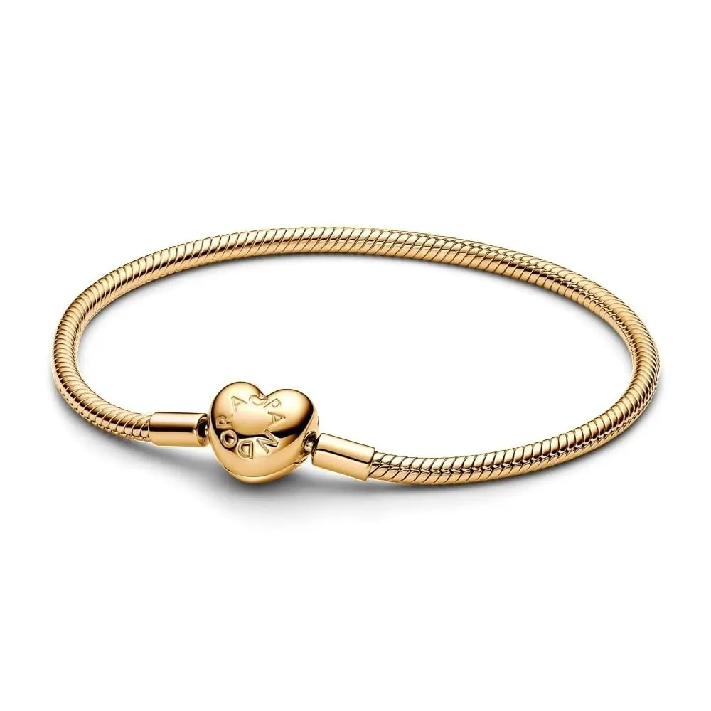 PANDORA Moments Engravable Heart Clasp Snake Chain Bracelet, 6.7" | Heart-shaped Clasp & 14k Gold Plated - view 4