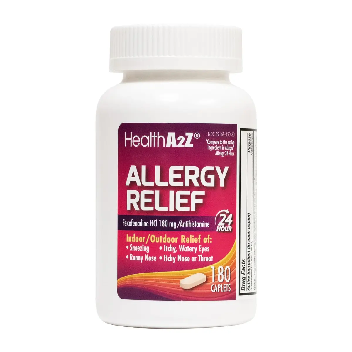HealthA2Z Allergy Relief Fexofenadine Hydrochloride 180mg 180 Caplets | 24-Hour Non-Drowsy Antihistamine for Indoor & Outdoor Allergies - main product image