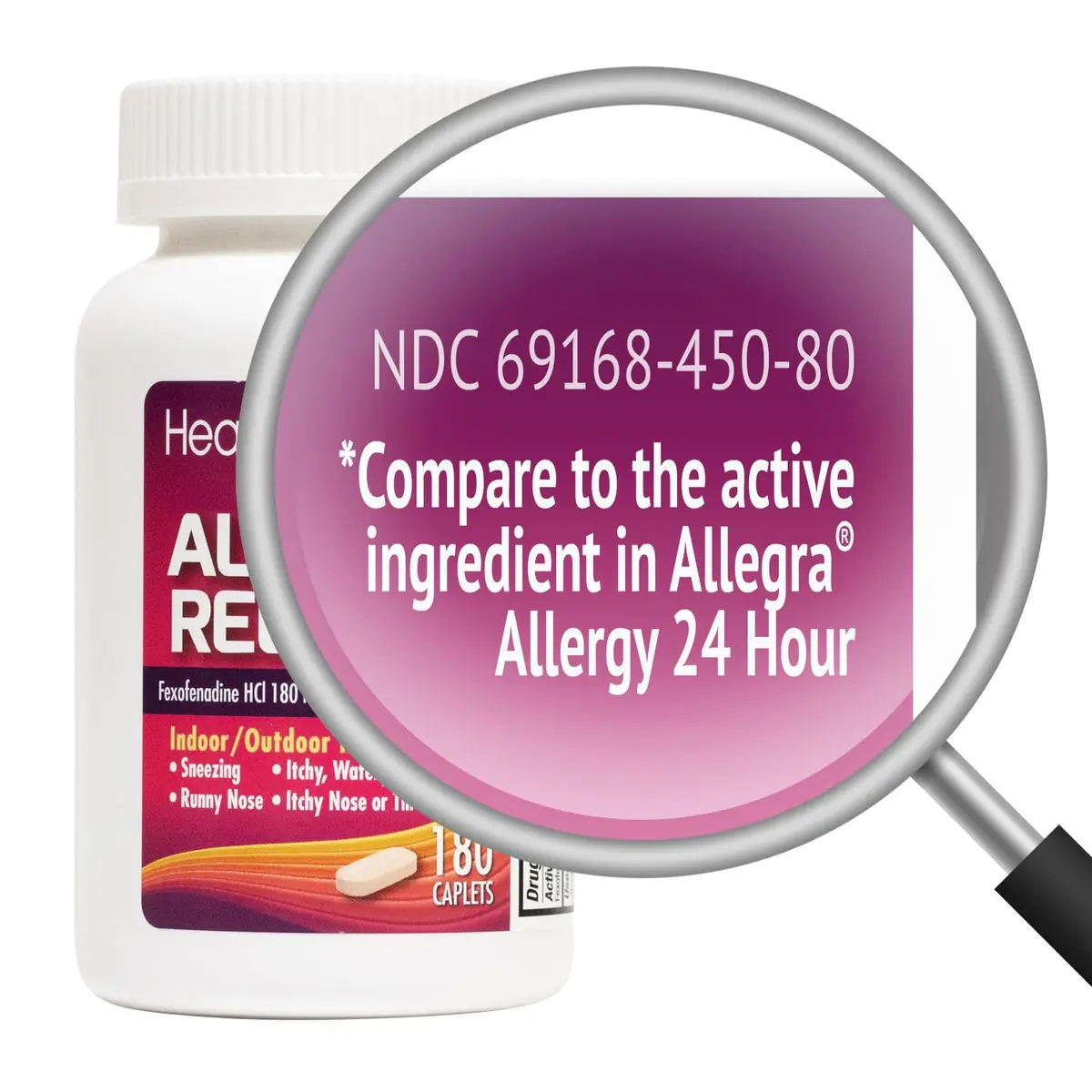 HealthA2Z Allergy Relief Fexofenadine Hydrochloride 180mg 180 Caplets | 24-Hour Non-Drowsy Antihistamine for Indoor & Outdoor Allergies - view 2