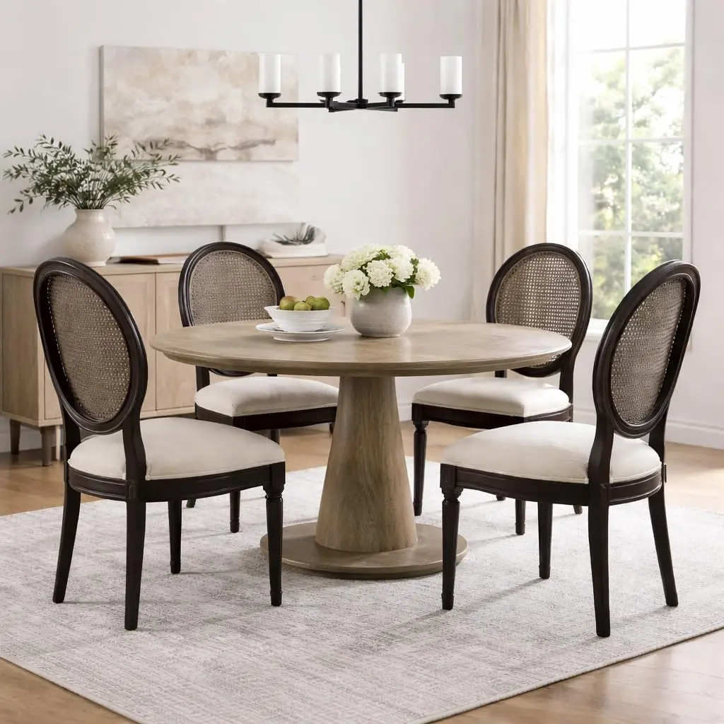 2xhome Set of 2 French Country Dining Chairs | Linen Upholstered Fabric | Rustic Wooden Frame - view 3