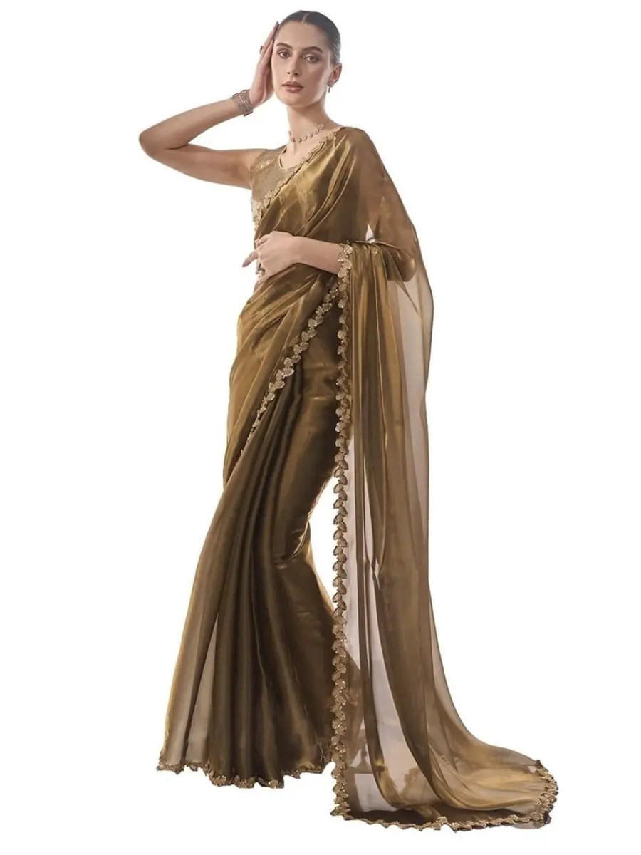 ORHANS Peach Organza Crush Pattern Saree With Art Silk Sequence Work Golden Unstitched Blouse Piece, Free Size | 5.5m Saree + 0.8m Blouse - main product image