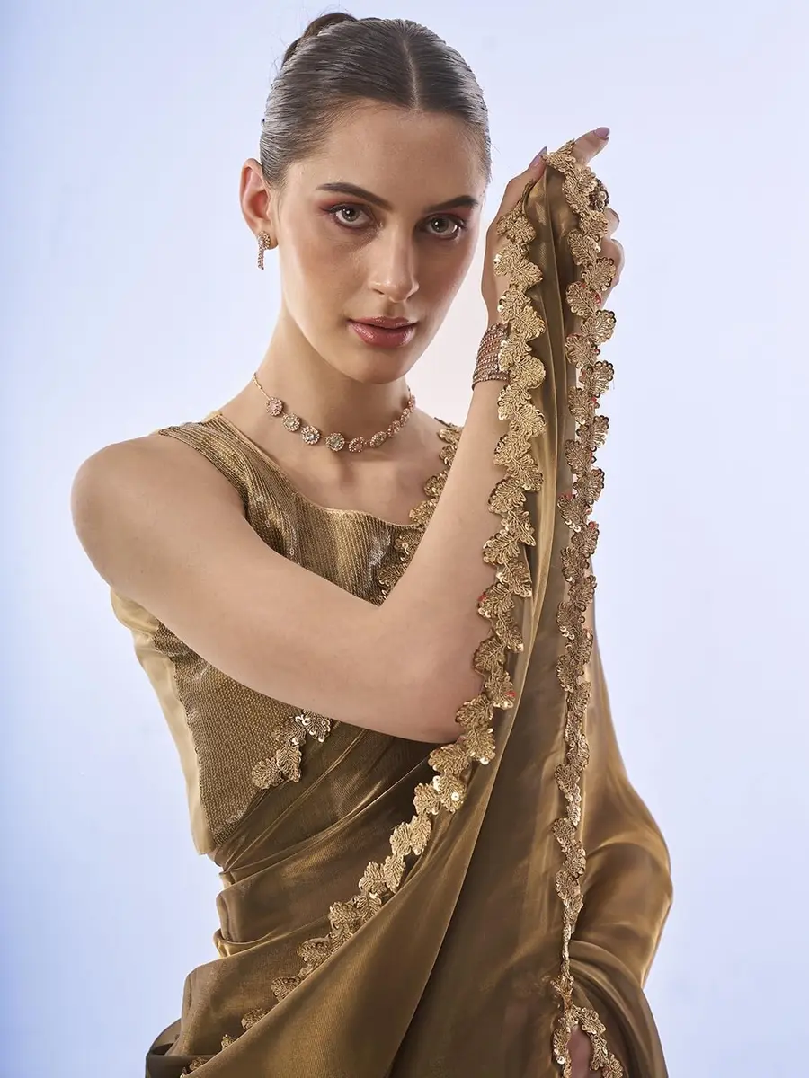 ORHANS Peach Organza Crush Pattern Saree With Art Silk Sequence Work Golden Unstitched Blouse Piece, Free Size | 5.5m Saree + 0.8m Blouse - view 5