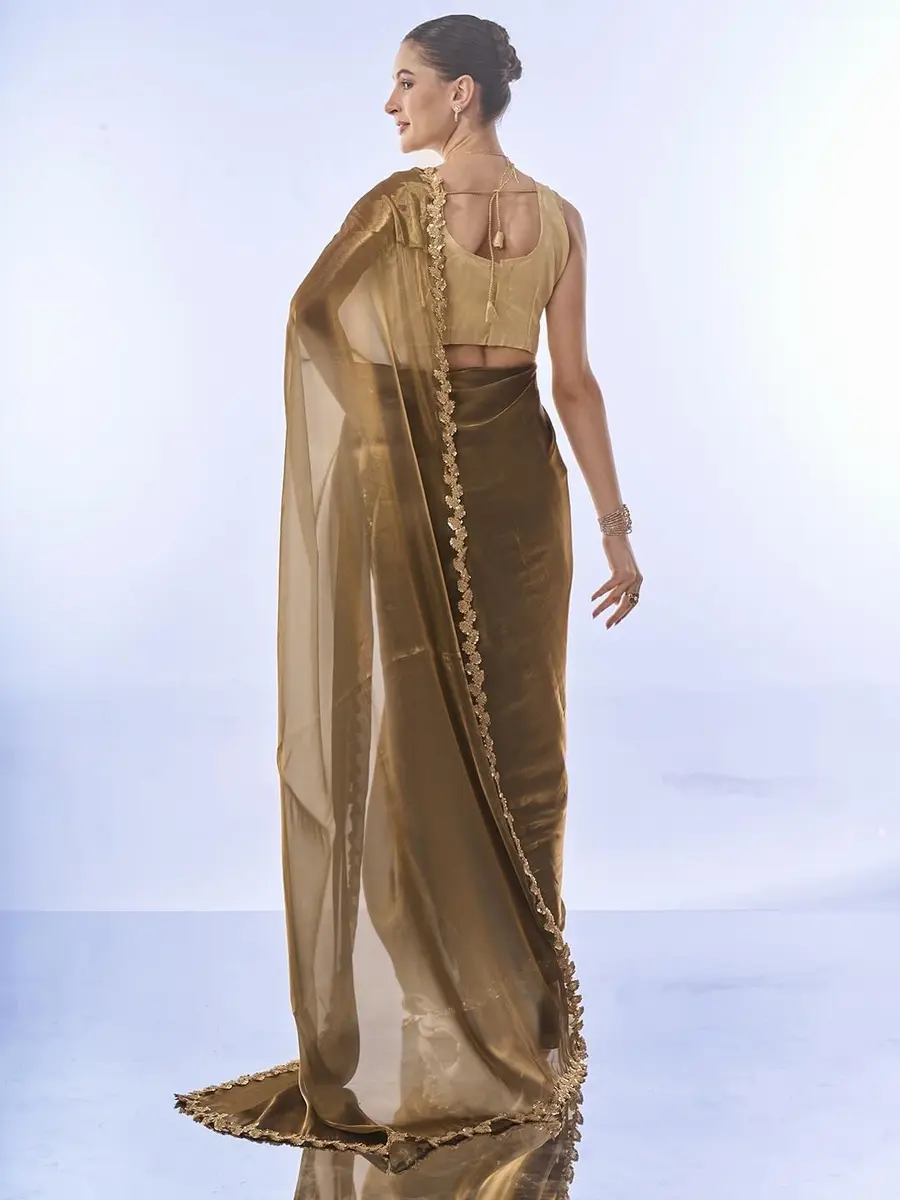 ORHANS Peach Organza Crush Pattern Saree With Art Silk Sequence Work Golden Unstitched Blouse Piece, Free Size | 5.5m Saree + 0.8m Blouse - view 6