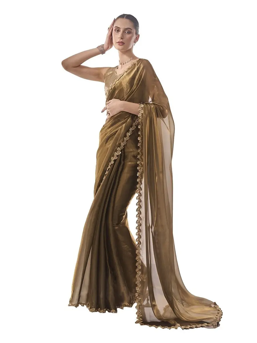 ORHANS Peach Organza Crush Pattern Saree With Art Silk Sequence Work Golden Unstitched Blouse Piece, Free Size | 5.5m Saree + 0.8m Blouse - view 7