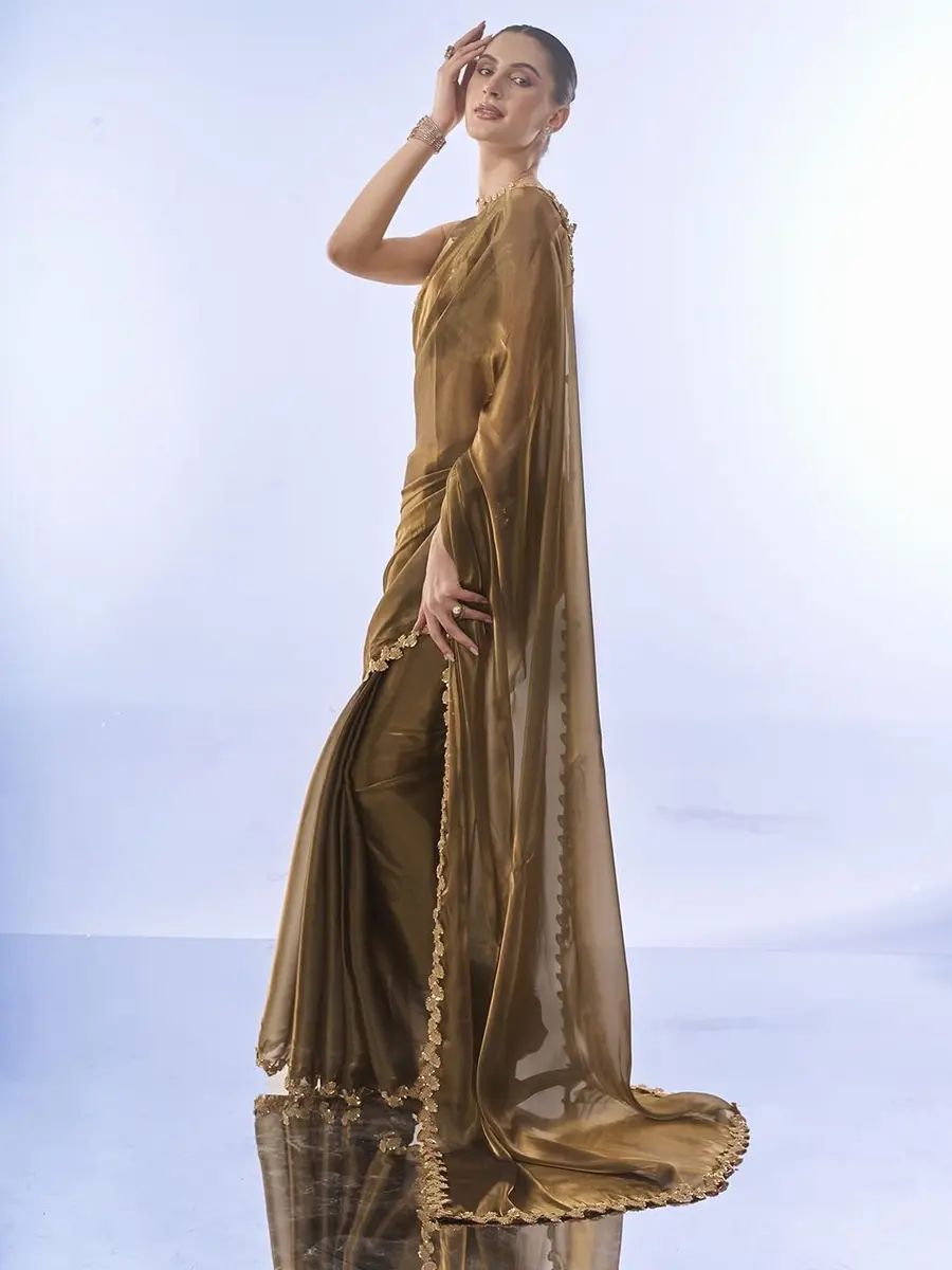 ORHANS Peach Organza Crush Pattern Saree With Art Silk Sequence Work Golden Unstitched Blouse Piece, Free Size | 5.5m Saree + 0.8m Blouse - view 2