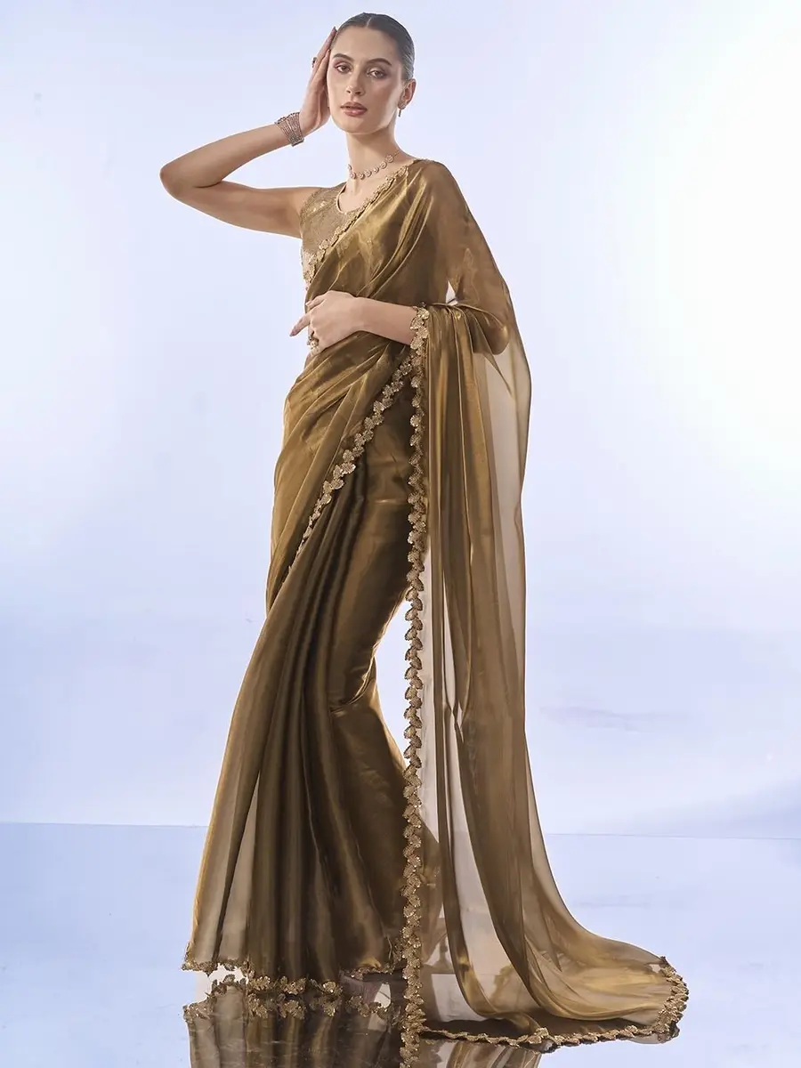 ORHANS Peach Organza Crush Pattern Saree With Art Silk Sequence Work Golden Unstitched Blouse Piece, Free Size | 5.5m Saree + 0.8m Blouse - view 3
