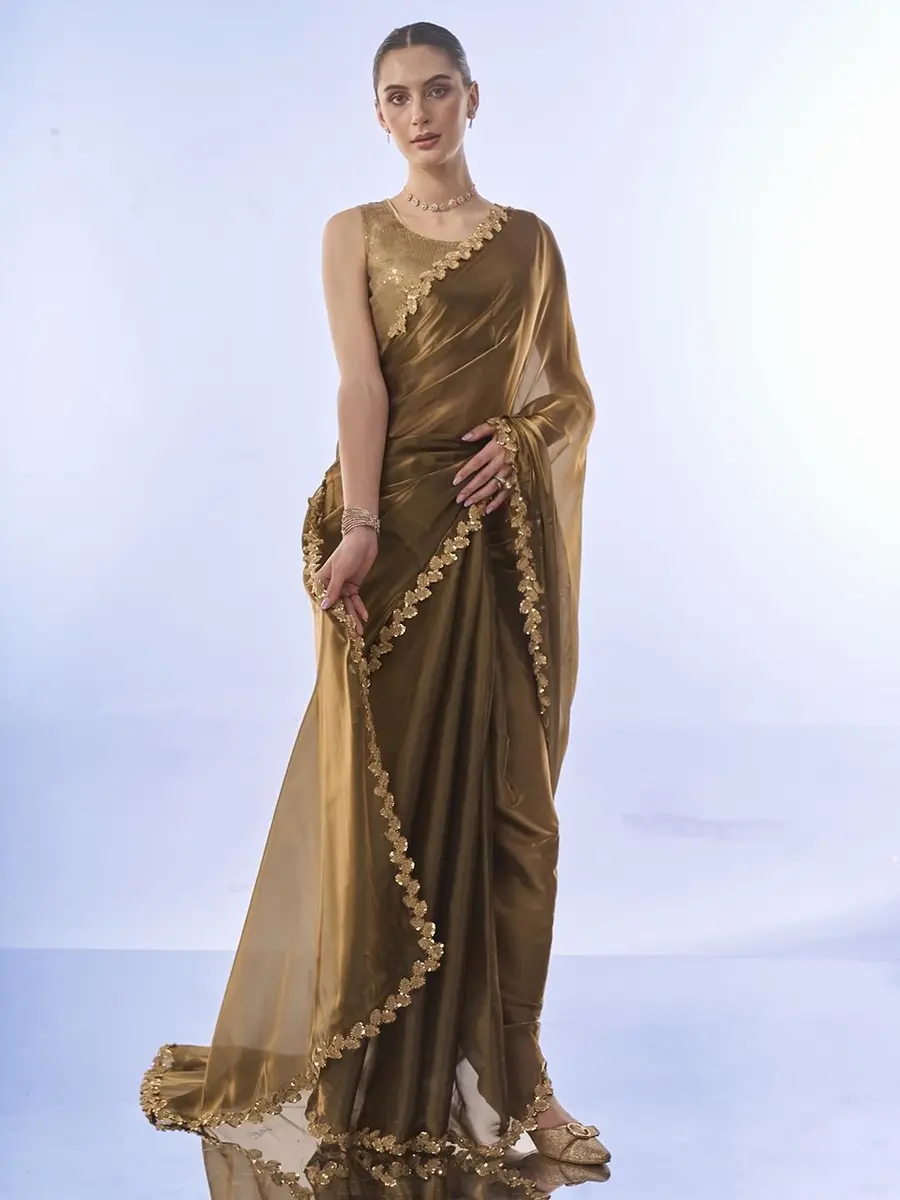 ORHANS Peach Organza Crush Pattern Saree With Art Silk Sequence Work Golden Unstitched Blouse Piece, Free Size | 5.5m Saree + 0.8m Blouse - view 4