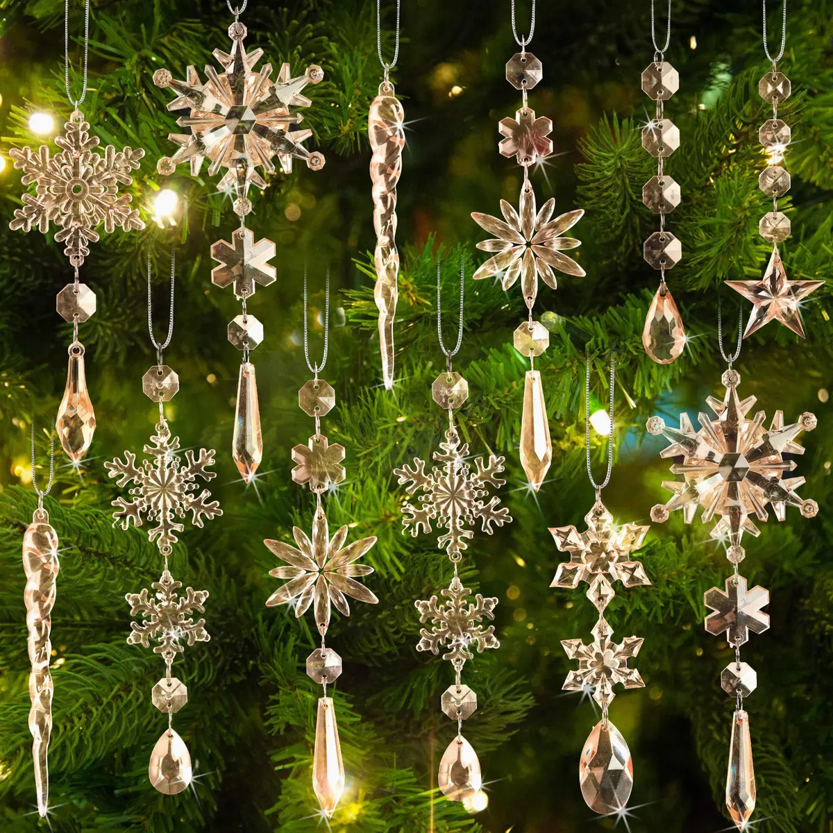 GuassLee Crystal Ornaments for Christmas Tree Winter Wonderland Decorations 20 pcs (0.222 kg) | Sparkling Champagne Acrylic Icicle & Snowflake Drops - main product image