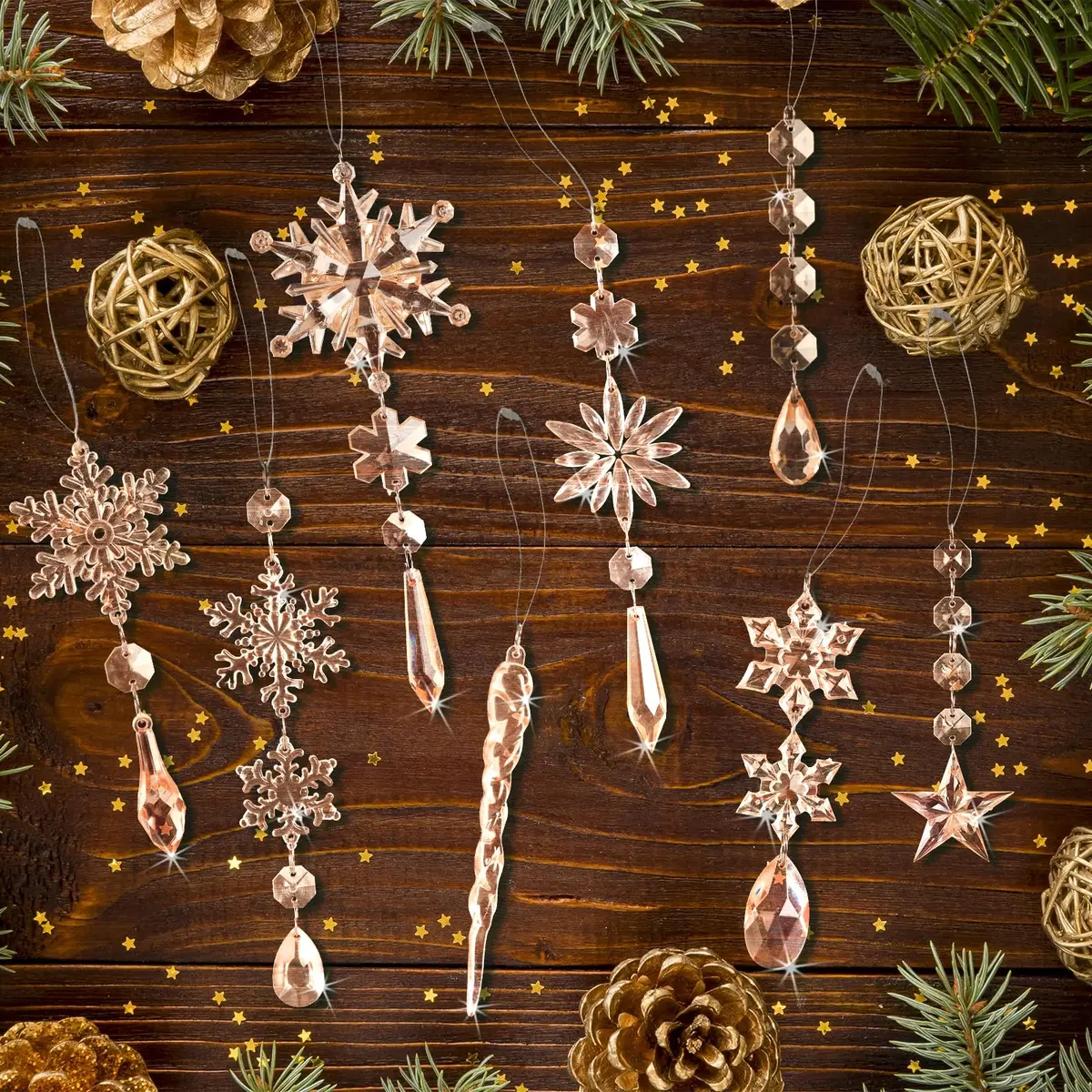 GuassLee Crystal Ornaments for Christmas Tree Winter Wonderland Decorations 20 pcs (0.222 kg) | Sparkling Champagne Acrylic Icicle & Snowflake Drops - view 6