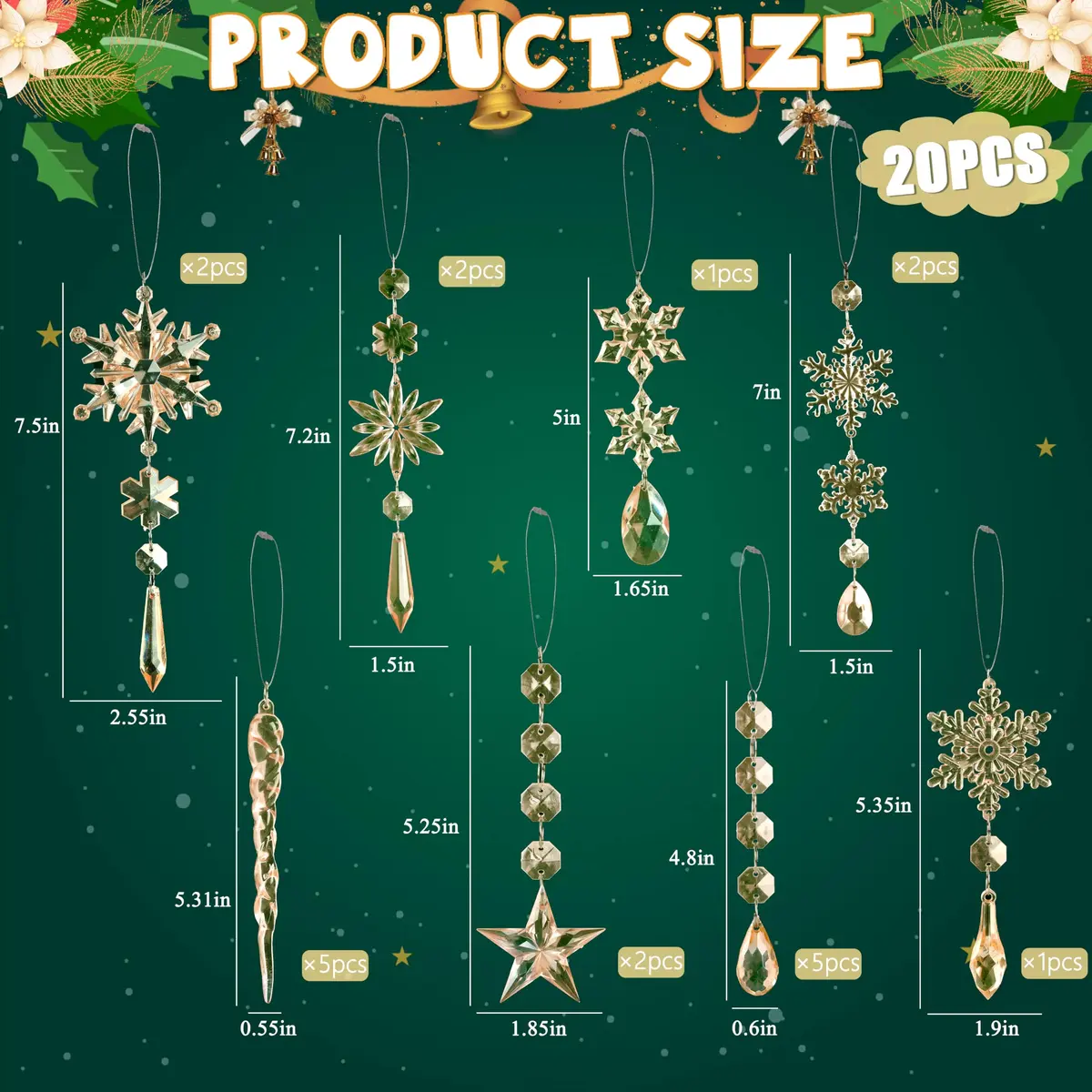 GuassLee Crystal Ornaments for Christmas Tree Winter Wonderland Decorations 20 pcs (0.222 kg) | Sparkling Champagne Acrylic Icicle & Snowflake Drops - view 2