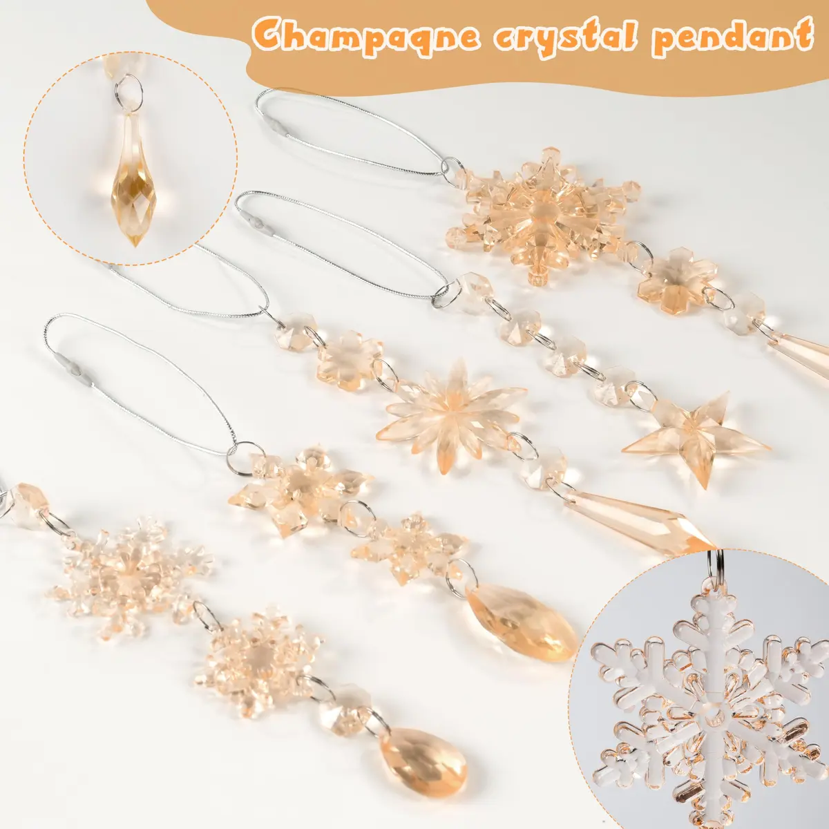 GuassLee Crystal Ornaments for Christmas Tree Winter Wonderland Decorations 20 pcs (0.222 kg) | Sparkling Champagne Acrylic Icicle & Snowflake Drops - view 3