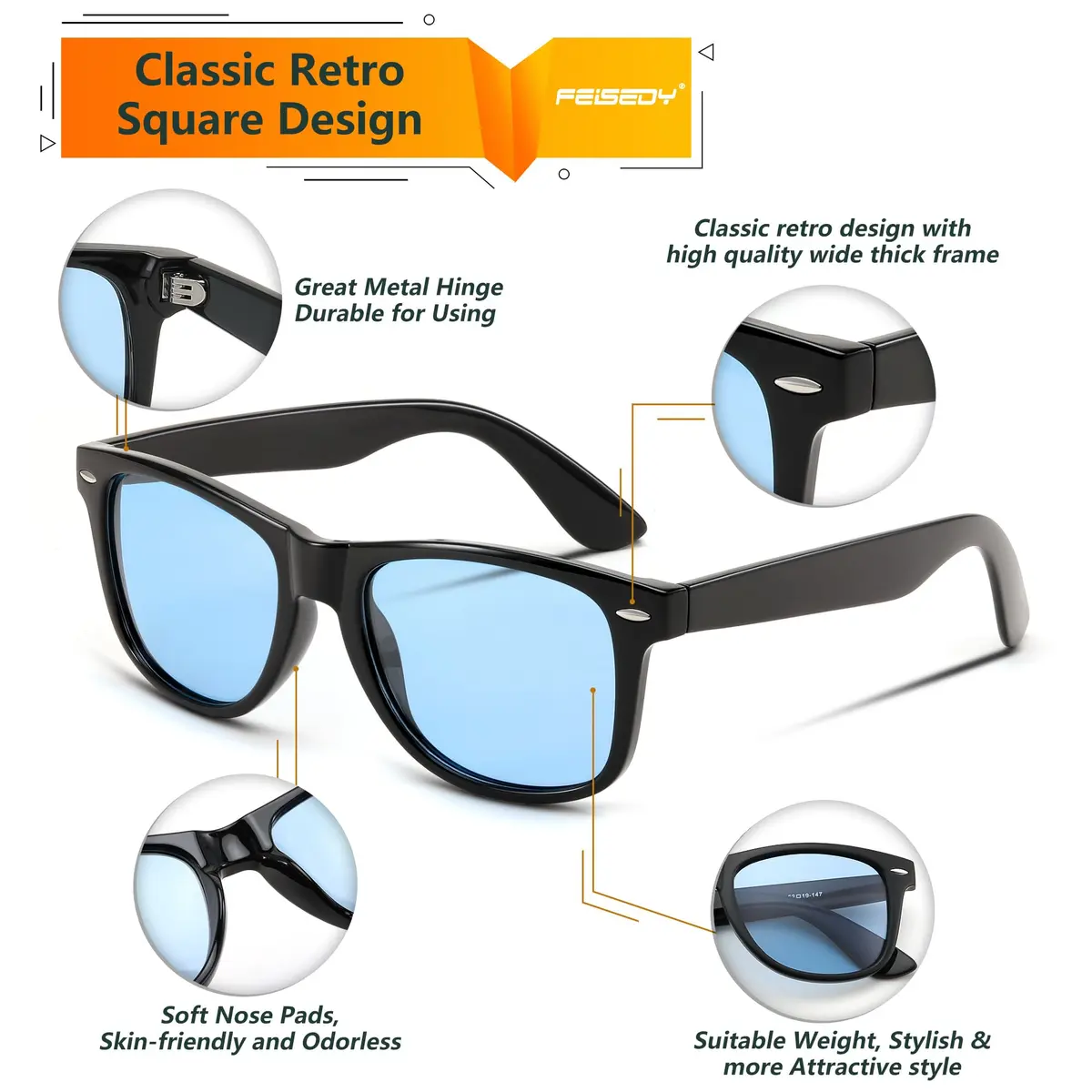 FEISEDY Classic Square Retro Polarized Sunglasses for Women & Men | 54mm Lens Width - view 5