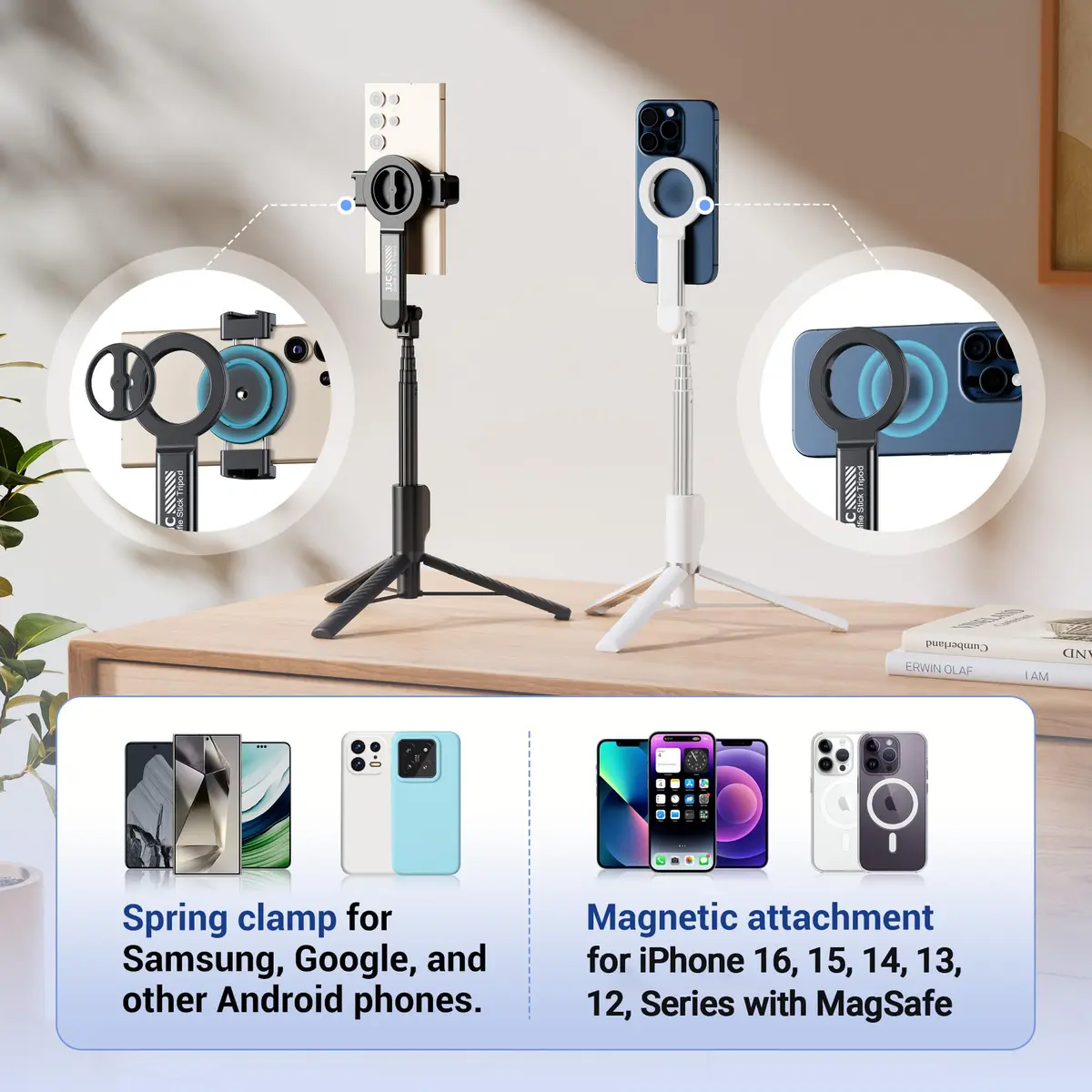 JJC Magnetic Phone Tripod Selfie Stick 40.9" | Extendable Cell Phone Stand for iPhone 17 16 15 14 13 12 MagSafe - view 3
