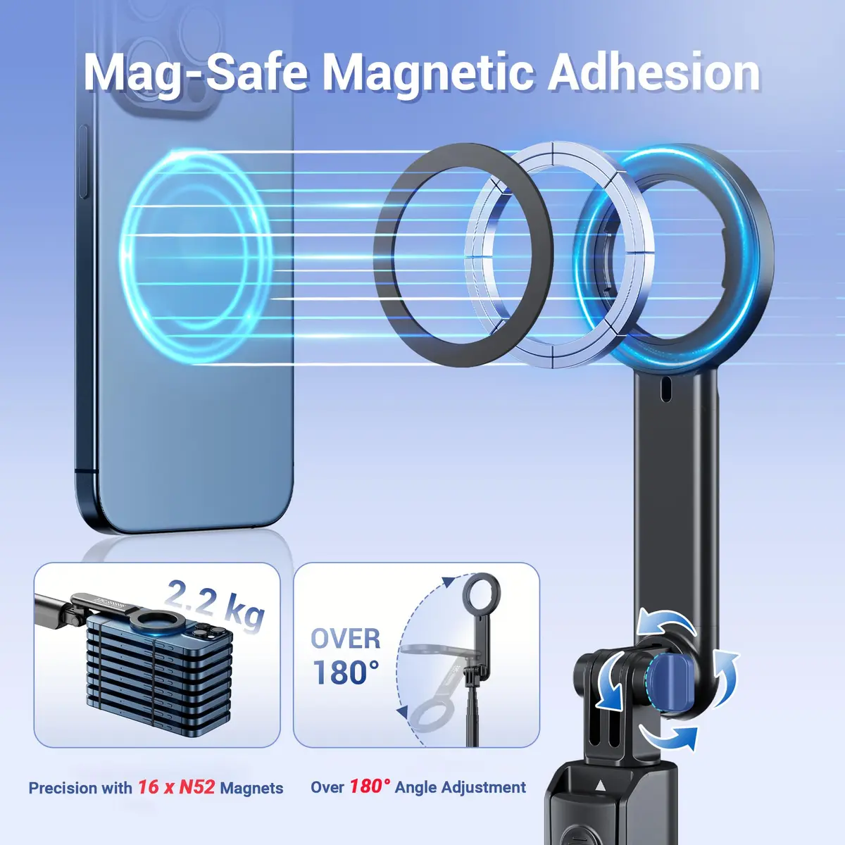 JJC Magnetic Phone Tripod Selfie Stick 40.9" | Extendable Cell Phone Stand for iPhone 17 16 15 14 13 12 MagSafe - view 4