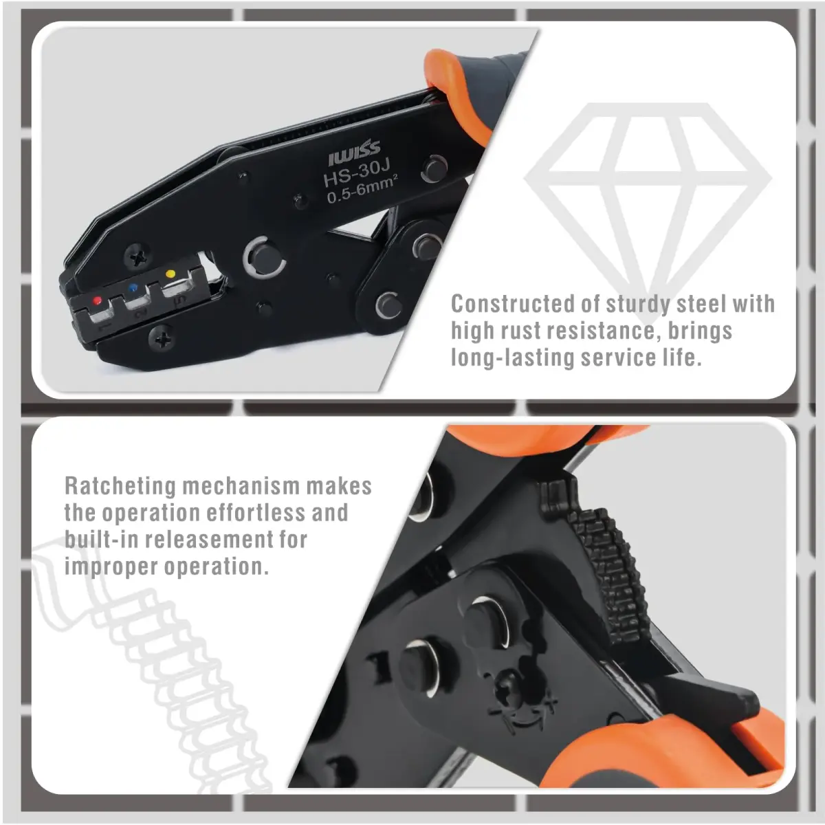 IWISS Ratchet Wire Crimping Tool Set with 5 Jaws & Wire Stripper | AWG 20-10 Crimping Pliers for Insulated & Non-Insulated Terminals - view 4