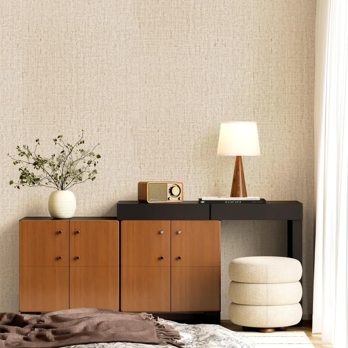 lenify Beige Grasscloth Peel and Stick Wallpaper Textured 40cm x 300cm | Vintage Linen Style for Indian Homes - view 7