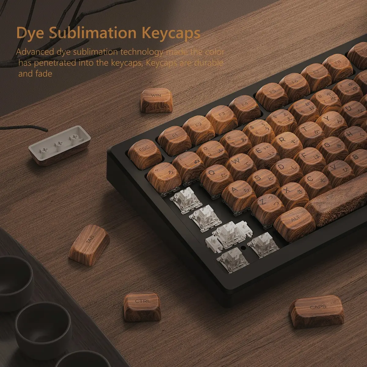 Womier Retro Walnut MOA PBT Keycaps Japanese Custom Keyboard Keycap Set for Mechanical Keyboards - 75% Layout, M-Brown - view 2