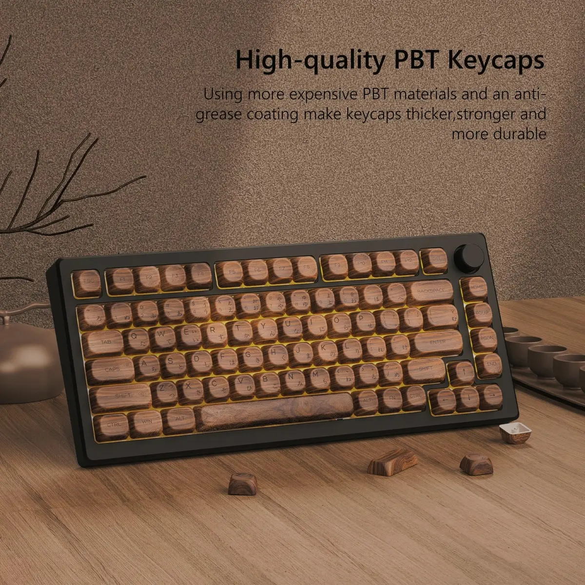 Womier Retro Walnut MOA PBT Keycaps Japanese Custom Keyboard Keycap Set for Mechanical Keyboards - 75% Layout, M-Brown - view 3