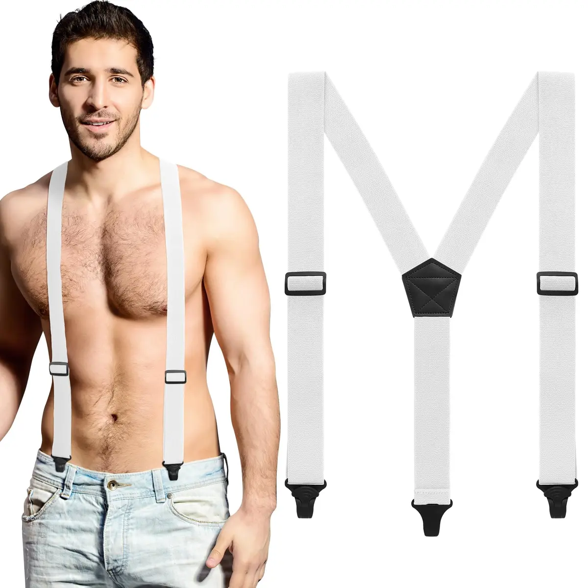 Jiuguva Men's Hidden Undershirt Suspenders Y-Style 3.8cm (1.5in) White | Airport Friendly Plastic Clip - main product image