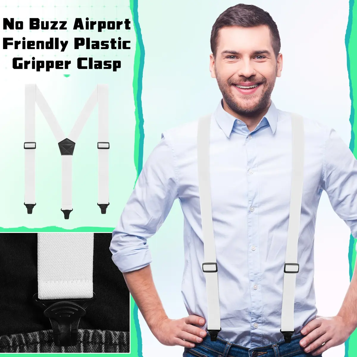 Jiuguva Men's Hidden Undershirt Suspenders Y-Style 3.8cm (1.5in) White | Airport Friendly Plastic Clip - view 5