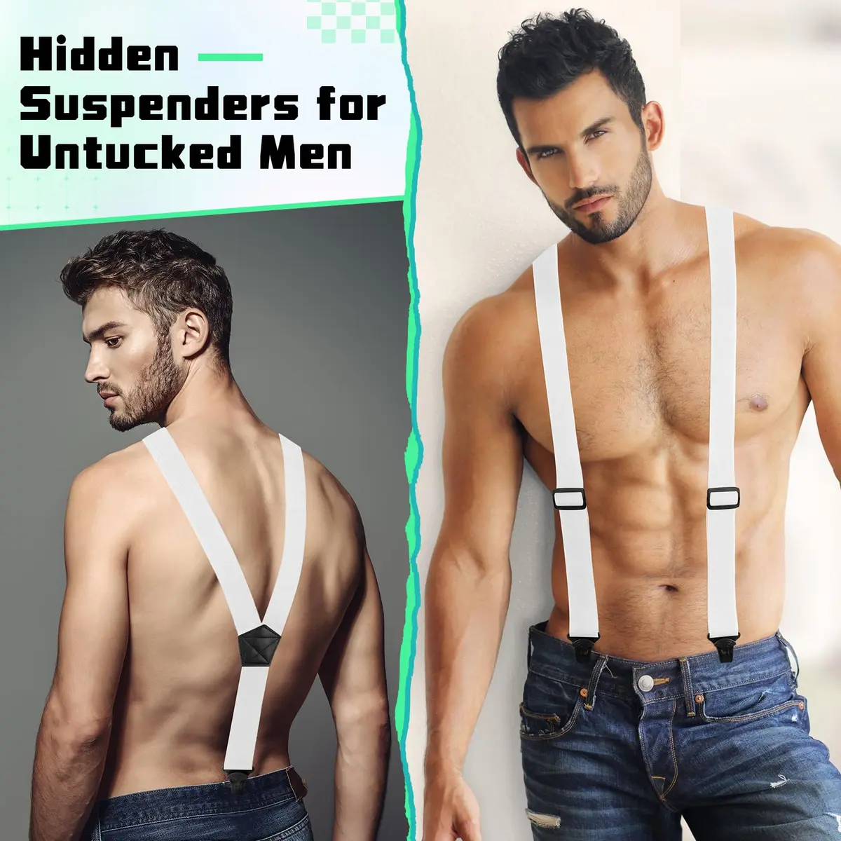 Jiuguva Men's Hidden Undershirt Suspenders Y-Style 3.8cm (1.5in) White | Airport Friendly Plastic Clip - view 2