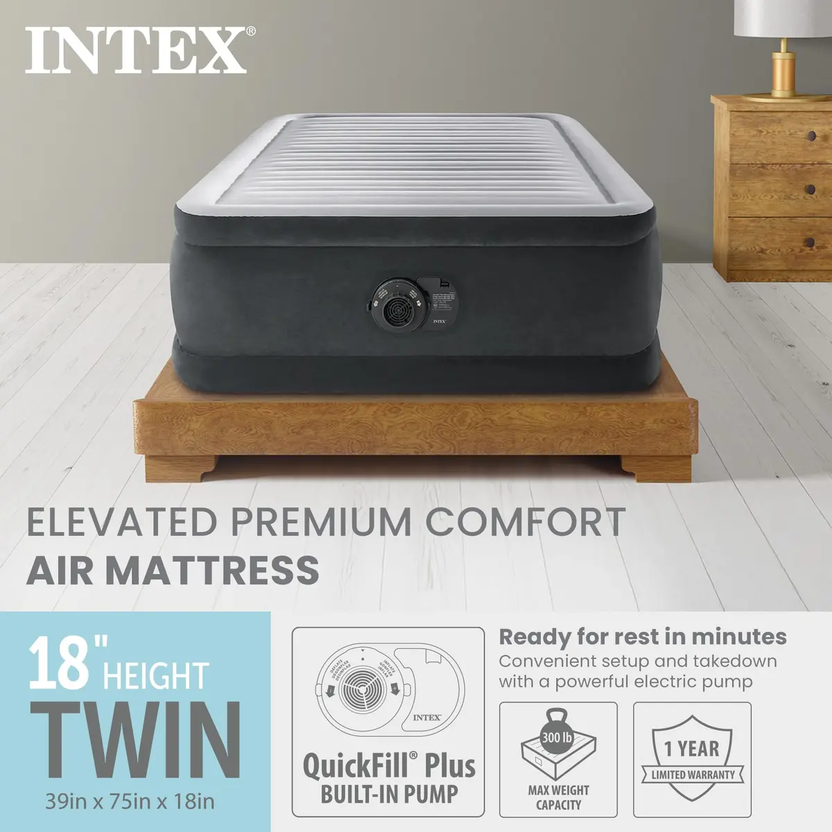 Intex Dura-Beam Deluxe 18" Twin Air Mattress with Built-in Pump (2-Pack) | Comfortable & Supportive for Guests - view 2