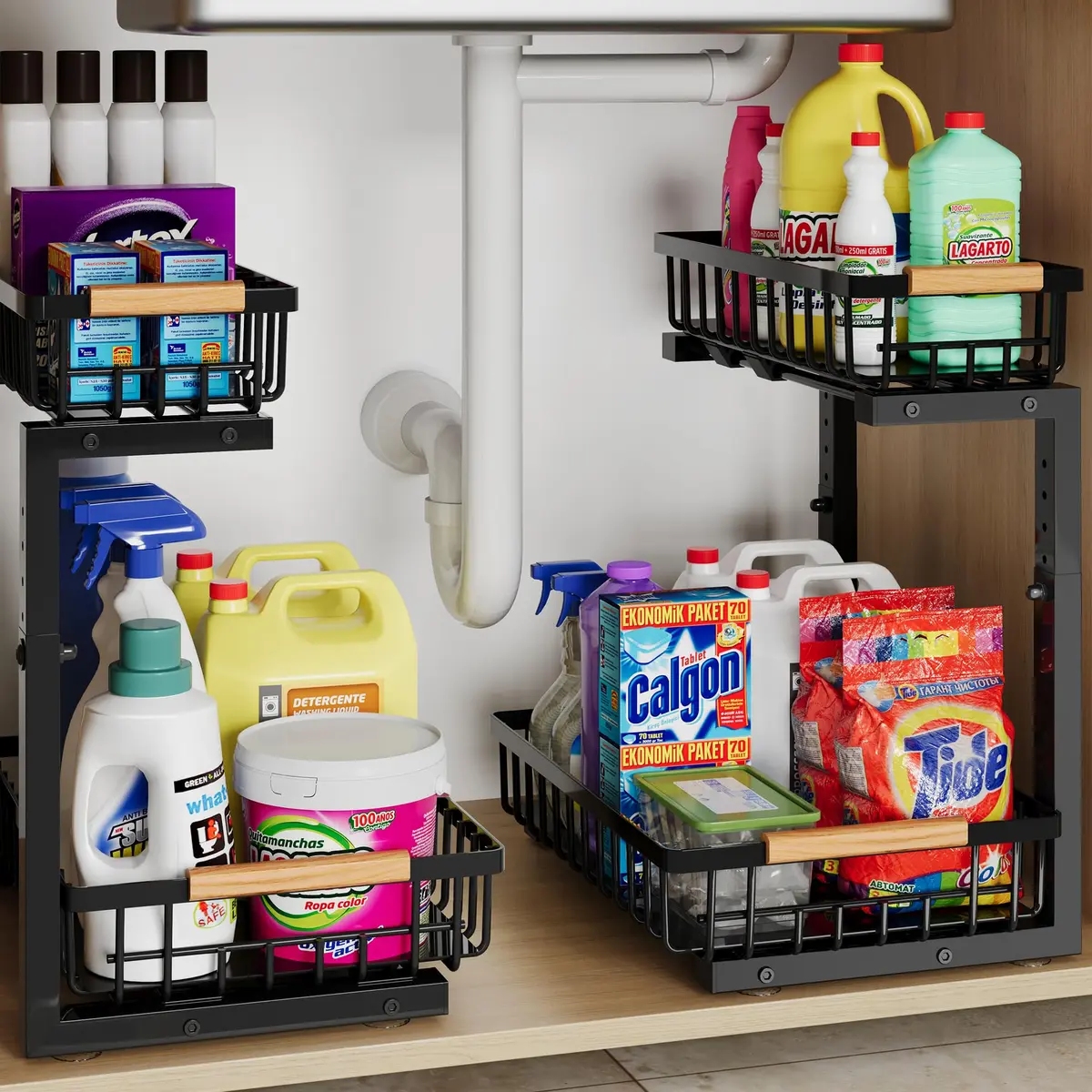 Hahaemall Under Sink Organizer Storage for Families | 2 Pack Metal Drawer Cabinet (15.3x11.6x17 in) - main product image
