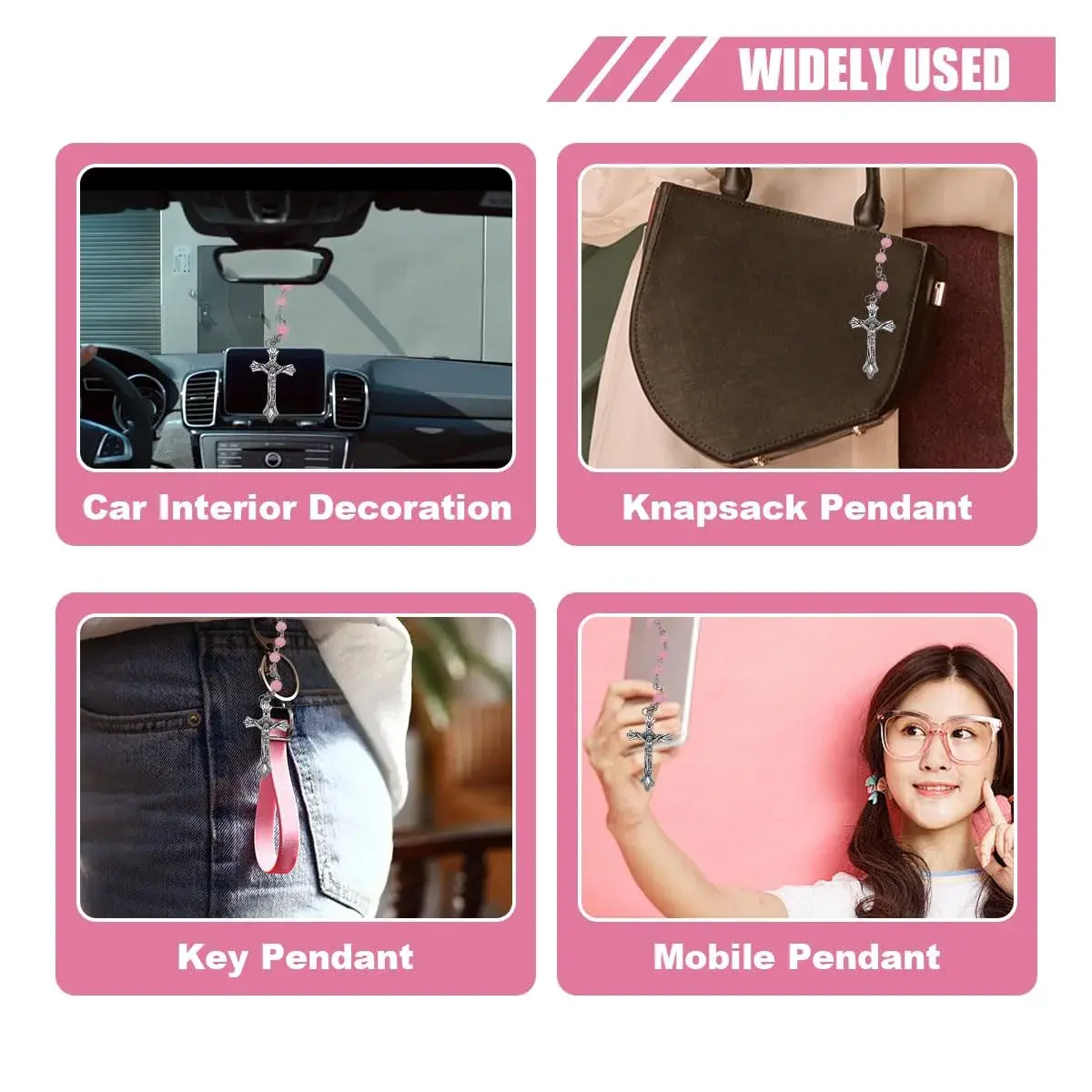 smilfuy Pink 2PCS Car Rosary Hanging Ornament with Alloy Cross & Faux Pearl Beads | 52.8cm (20.75in) - view 4
