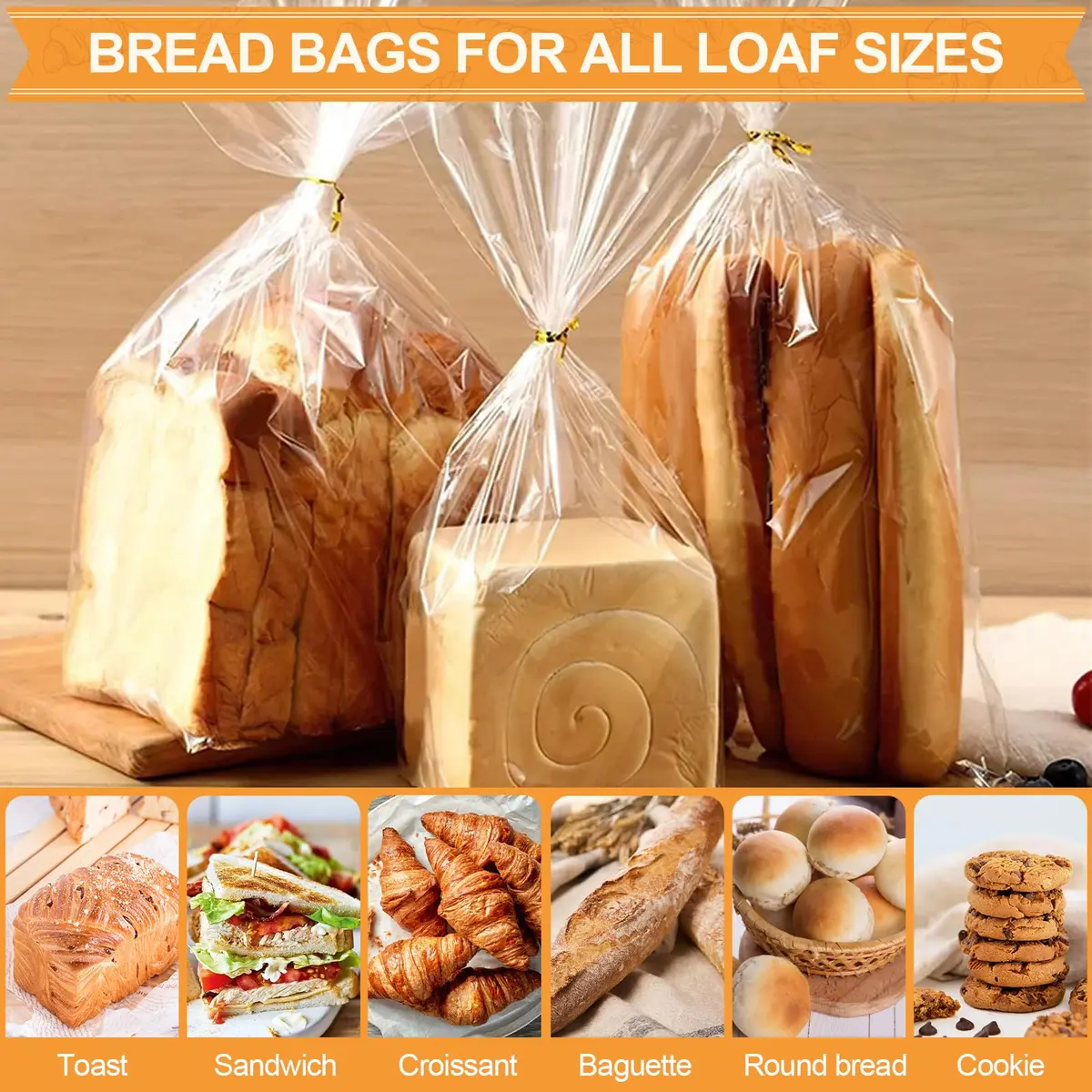 vivinin Bread Bags & Ties 70 Pack | Clear, Moisture-Proof, Reusable (8" x 4" x 18") - view 6