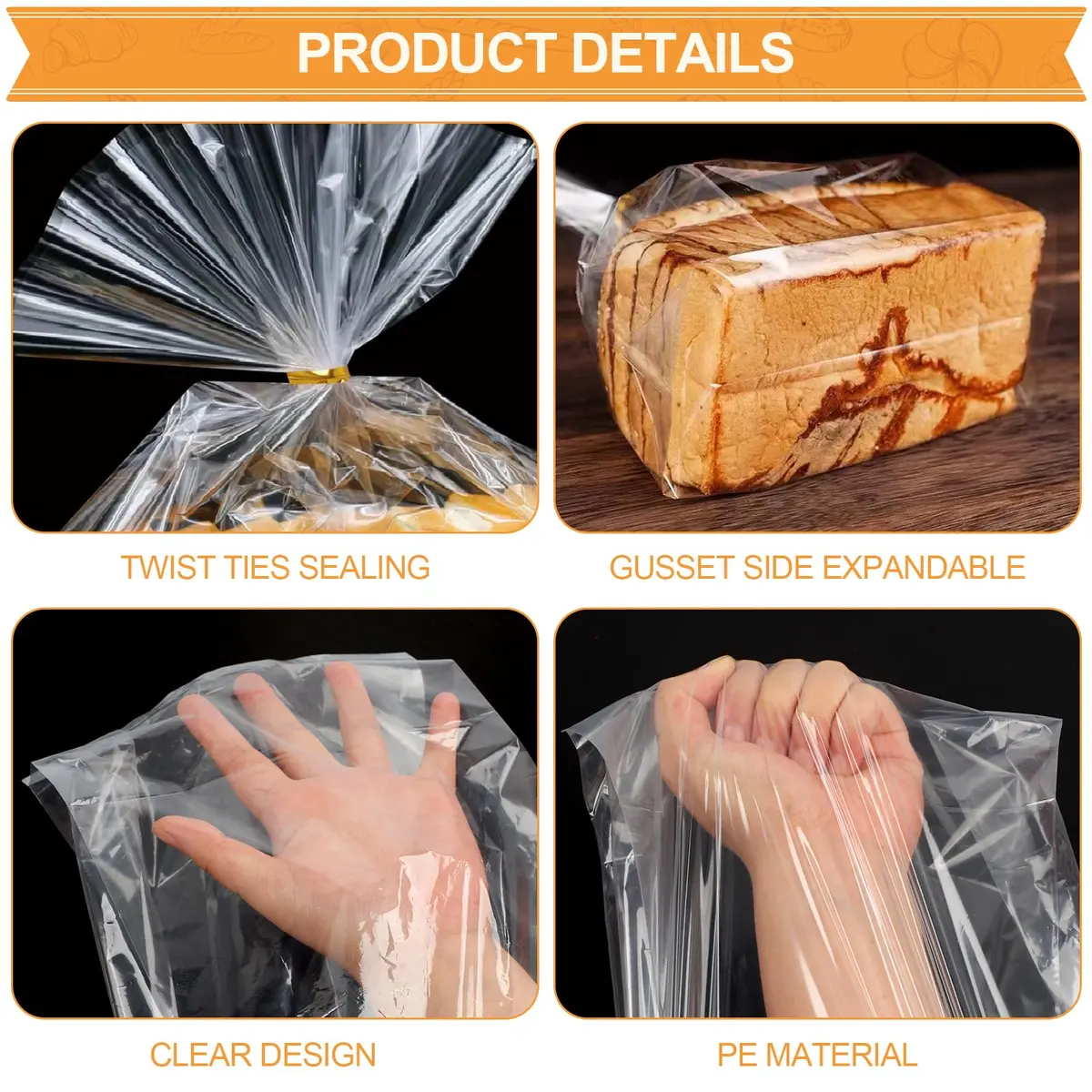 vivinin Bread Bags & Ties 70 Pack | Clear, Moisture-Proof, Reusable (8" x 4" x 18") - view 4